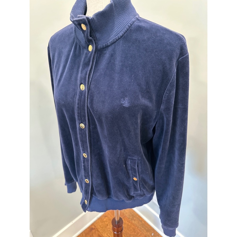 LRL Ralph Lauren Navy Velvet Track Jacket Sz XL Gold Snaps Vintage Y2K City Chic - Picture 6 of 13